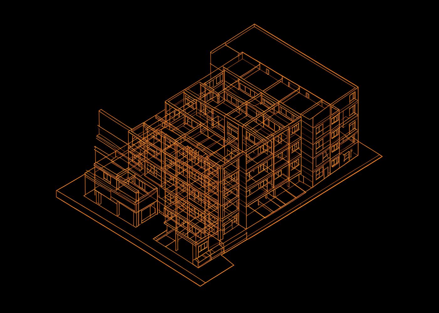Wireframe view of a BIM building model